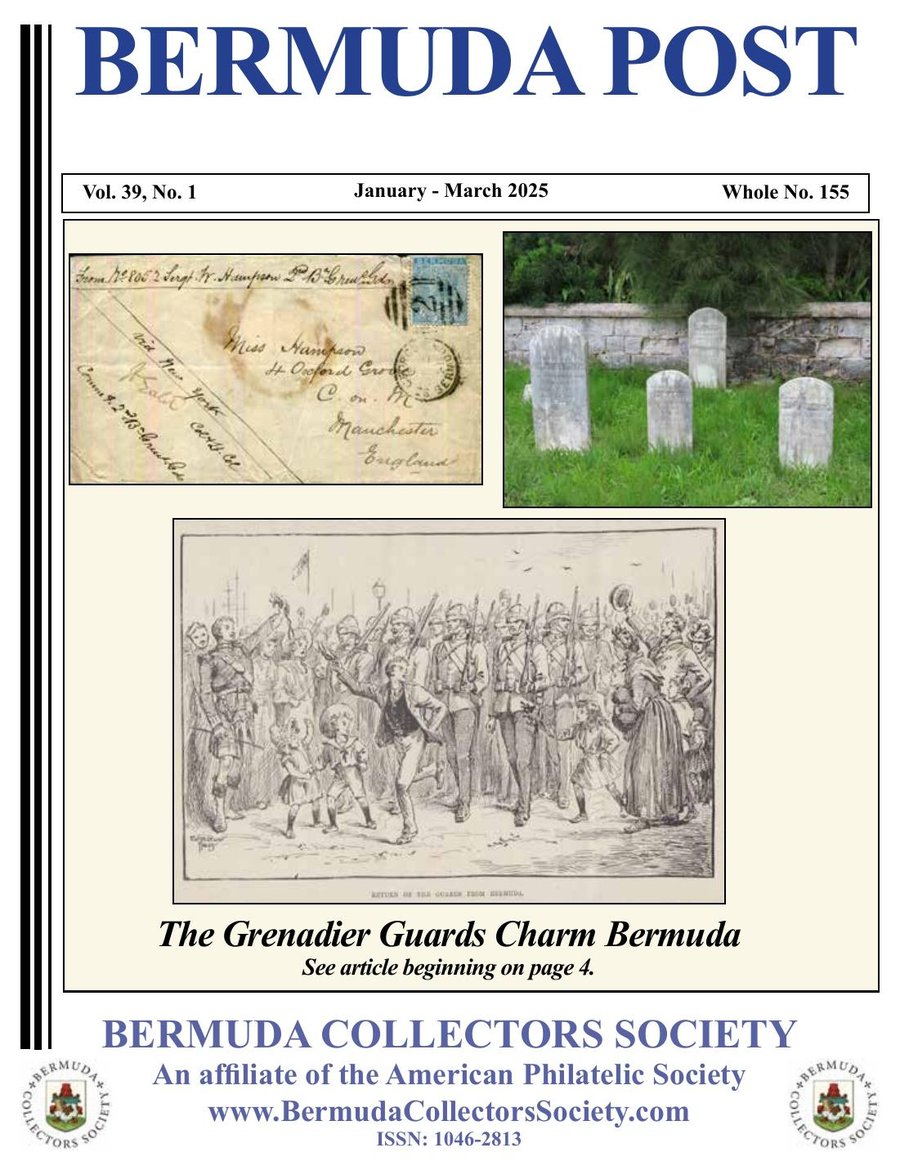Front cover of Bermuda Post, January to March 2025, showing a Grenadier Guards cover, graves and a sketch of the returning Guards