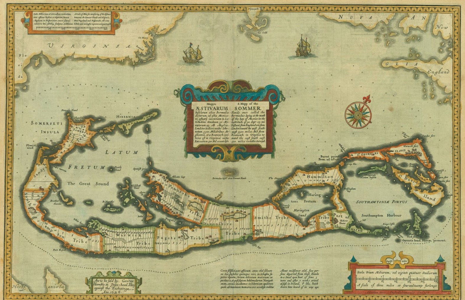 Hand-coloured 17th-century map of Bermuda showing the islands divided into tribes, with ships and a compass rose